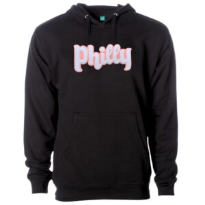 pink and white philly on black hoodie soft chenille embroidery